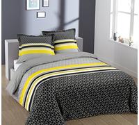 vision parure de couette 100% coton lisa - 1 housse de couette 200x200 cm + 2 taies d'oreillers 65x65 cm jaune et gris Gris