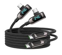 VisionSync 240W Câble USB C vers USB C à angle droit [3M/2Pack],Câble de charge rapide de type C tressé en nylon avec affichage LED pour lPhone 16/15 Pro Max, Galaxy S25/S24 Ultra,Laptop,Noir