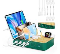 VisionSync Station de charge USB C Bamboo pour plusieurs appareils, 60W, 6 ports, 3 prises secteur, 3 USB C, 3 USB A, cordon d'alimentation de 2 m pour lPhone, lPad et tablettes(6 câbles inclus),verte