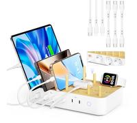 VisionSync Station de charge USB C Bamboo pour plusieurs appareils, 60W, 6 ports, 3 prises secteur, 3 USB C, 3 USB A, cordon d'alimentation de 2 m pour lPhone, lPad et tablettes(6 câbles inclus),blanc