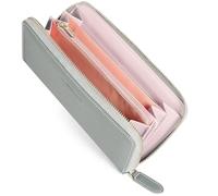VISOUL Portefeuille Long Cuir véritable à Fermeture Eclair avec 12 Emplacements pour Cartes-Gris Perle+Rose