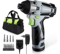 WORKPRO Visseuse à Choc sans Fil 12V avec Batterie 2,0A, Couple de 100N.m, 2000 tr/min, Clé à Choc avec Mandrin à Changement Rapide 6mm et Charge en 1 Heure, Lampe LED, 14 Accessoires et Sac à outils