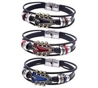 Vistnale Bracelet de Guitare|Bracelet de Guitare pour Homme 3 Pièces en Cuir, Rouge et Bleu pour Homme avec Tête en Alliage Tressé Réglable Bijoux Poignet Quotidien/Performance, Cadeau Idéal