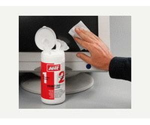 VISUNET DUO : boite distributrice à deux compartiments : 50 lingettes pré-imprégnées et 50 sèches extraites une à une en fonction des besoins. Pour le nettoyage des claviers et moniteurs CRT.