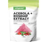 vit4ever Poudre d’acérola & cynorrhodon 300 g - réserve de 6,6 mois - 200 portions avec 1500mg d’extrait dont 485mg de vitamine C naturelle - à base d’acérola et de cynorrhodon - vegan, sans additifs