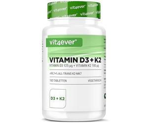 vit4ever Vitamine D3 + K2 Dépôt - 180 Comprimés - Matière Première de Première Qualité : 99,7+% All-Trans (K2VITAL® de Kappa) - Avec 5000 U.I. de Vitamine D3 par Comprimé - Hautement Dosé