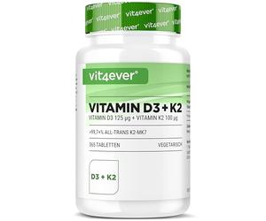 vit4ever Vitamine D3 + K2 Depot - 365 Comprimés - 99,7+% All-Trans MK7 | 5.000 U.I. Vitamine D3 issue de la Lanoline + 100 µg Vitamine K2 - Qualité Premium - Haute dose - Végétarien