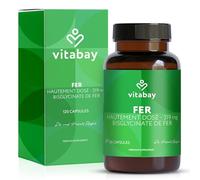 Vitabay Fer (50 mg) Bisglycinate (319 mg) - 120 Gélules Véganes Supplément de Fer Complément Alimentaire Pour Végétaliens à Haute Biodisponibilité et à haut dosage Complément Alimentaire Fer Naturel