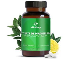 Vitabay Magnesium 400 mg - 180 Comprimés de Citrate de Magnesium (2556 mg) - Vegan sans Additifs et à Dosage Élevé - Magnésium Citrate avec Magnésium Élémentaire 400 mg - Vérifié en Laboratoire