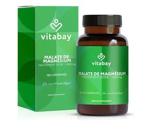 Vitabay Malate de Magnésium 1000 mg hautement dosé - 180 comprimés véganes - métabolisme énergétique, fatigue & fonction musculaire - testé en laboratoire en Allemagne - sans additifs - réserve 6 mois
