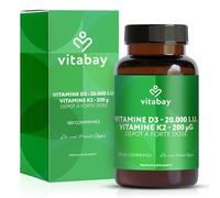 Vitabay Vitamine D3 + K2 Depot - 180 comprimés végétaliens - hautement dosé - 20 000 UI vitamine D3 avec K2 MK7 all-trans - sans additifs - vegan & testé en laboratoire en Allemagne - réserve longue