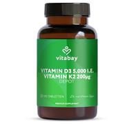 Vitabay Vitamine D3 + K2 Depot - 180 comprimés végétaliens - hautement dosé - 5000 UI vitamine D3 avec K2 MK7 all-trans - sans additifs - vegan & testé en laboratoire en Allemagne - réserve 18 mois