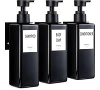 VITACHY Lot de 3 distributeurs de savon mural pour salle de bain 500 ml - Bouteilles rechargeables gel shampooing après-shampoing - Doseur douche noir avec support : fixation adhésive sans perçage ou