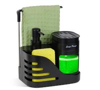VITACHY Organisateur Évier Cuisine Noir - Distributeur Savon 4 en 1 Vaisselle et Mains, Porte Éponge et Support Chiffon - Rangement Compact pour Plan de Travail (INOX & Antidérapant)