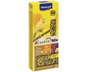 Vitakraft Kräcker Mix, friandises pour oiseaux, bâtonnets à l’œuf, graines d’herbe, abricot, figue, miel et sésame, soin du bec, sans sucre ajouté (1x 80g)