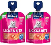 Vitakraft Licks & Bits - Crème Douce avec Morceaux au Format Presse, avec crevettes et Tomate, refermable, sans Sucre ajouté (1 x 60 g) (Lot de 2)