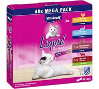 Vitakraft Liquid Snack pour chats, friandises pour chat en méga pack, texture crémeuse, au bœuf, au poulet, au saumon, 1 pack économique (48x 15g)