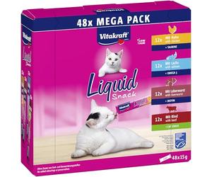 VITAKRAFT- Liquid Snack pour Chats, Friandises pour Chat en Méga Pack, Texture Crémeuse, Au Bœuf, Au Poulet, Au Saumon, 1 Pack Économique (48X 15G)