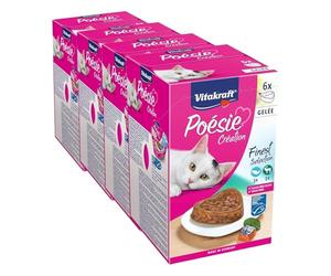 VITAKRAFT - Nourriture Chat « Poésie » - Alimentation Humide Complète pour Chat - À Base de Viande et Poisson en Gelée (Saumon et Gibier) - 6 Barquettes de 85 g (Lot de 4)