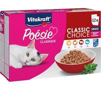 Vitakraft Poésie Classique, nourriture humide pour chats, en sauce, avec du poulet, de la dinde, du bœuf, du saumon, sans ajout de sucre ni de céréales (1 paquet de 12x85g)