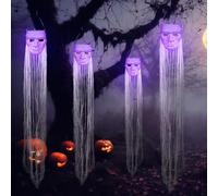 VitalCozy Lot de 4 décorations d'Halloween à suspendre - Masques blancs avec lumières LED violettes - Fantôme flottant flottant - Pour Halloween, arbre, pelouse, cour, jardin, porche