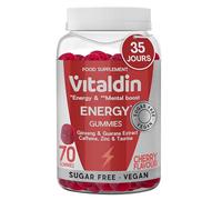 VITALDIN Energy Gummies - Gummies Energétiques Végétaliennes et Sans Sucre - Avec Ginseng, Guarana, Caféine, Taurine et Vitamines B - Améliore la Concentration et Réduit la Fatigue - Goût Cerise - 70