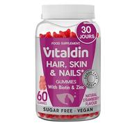 VITALDIN Gummies Cheveux, Peau & Ongles - 2 500 μg de Biotine - Soin des Cheveux - Avec Zinc et Vitamines C & E - Véganes - Sans Sucre - Sans Gluten - 60 Gummies - 1 Mois - Saveur Fraise