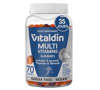VITALDIN Gummies Multivitamines Adultes - Véganes - Sans sucre - Avec vitamines A, C, D, E, B6, B12 et biotine - Pour femme et homme - 70 gummies - Saveur pêche, orange et mûre