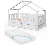 VitaliSpa Lit cabane Design, Blanc, 80x160 cm avec 2 tiroirs et Matelas