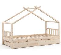 VITALISPA Lit enfant DESIGN, lit cabane, lit d’appoint, sommier à lattes, naturel, 90 x 200, tiroir