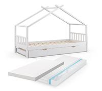 VitaliSpa Lit cabane Design, Blanc, 90x200 cm avec lit d'appoint et 2 Matelas, avec barrière de sécurité et sommier à Lattes pour Un Sommeil en Toute sécurité