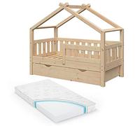 VitaliSpa Lit cabane Design, Naturel Bois, 70x140 cm avec tiroir et Matelas