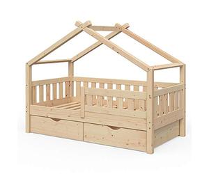 VitaliSpa Lit cabane Design, Naturel Bois, 80x160 cm avec 2 tiroirs, Convient comme Espace de Jeu et de Sommeil pour Enfants