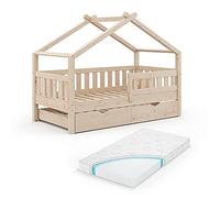 VitaliSpa Lit cabane Design, Naturel Bois, 80x160 cm avec lit d'appoint et Matelas, Convient comme Espace de Jeu et de Sommeil pour Enfants