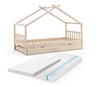 VitaliSpa Lit cabane Design, Naturel Bois, 90x200 cm avec lit d'appoint et 2 Matelas