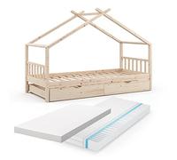 VitaliSpa Lit cabane Design, Naturel Bois, 90x200 cm avec lit d'appoint et 2 Matelas, avec barrière de sécurité et sommier à Lattes pour Un Sommeil en Toute sécurité