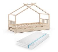 VitaliSpa Lit cabane Design, Naturel Bois, 90x200 cm avec lit d'appoint et Matelas