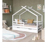 VitaliSpa Lit cabane Luni 160x80 cm, lit Enfant en Forme de Maison, Blanc, avec lit d'appoint gigogne, Matelas et sommier à Lattes, Bois de pin