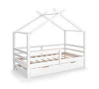 VitaliSpa Lit cabane Luni 160x80 cm, lit Enfant en Forme de Maison, Blanc, avec lit gigogne et sommier à Lattes, Bois de pin
