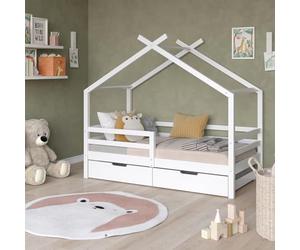 VitaliSpa Lit cabane Luni 160x80 cm, lit Enfant en Forme de Maison, Blanc, avec tiroirs et sommier à Lattes, en pin.