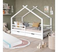VitaliSpa Lit cabane Luni 200x90 cm, lit Enfant Blanc en Forme de Maison, avec 2 tiroirs de Rangement, Matelas et sommier à Lattes, en pin.