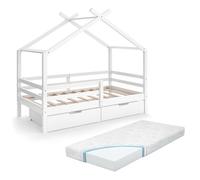 VitaliSpa Lit cabane Luni, Blanc, 160 x 80 cm avec caissons de Rangement et Matelas, comme Une Petite Maison - pour Une atmosphère chaleureuse