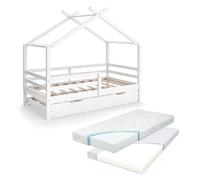 VitaliSpa Lit cabane Luni, Blanc, 160 x 80 cm avec lit d'invité Extensible et Matelas