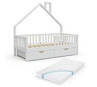 VitaliSpa Lit cabane Noemi, Blanc, 80x160 cm avec 2 tiroirs et Matelas, Convient comme Surface de Couchage et de Jeu pour Chambre d’Enfant