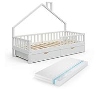 VitaliSpa Lit cabane Noemi, Blanc, 90x200 cm avec 2 tiroirs et Matelas, Convient comme Surface de Couchage et de Jeu pour Chambre d’Enfant