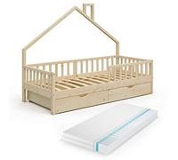 VitaliSpa Lit cabane Noemi, Naturel Bois, 90x200 cm avec 2 tiroirs et Matelas, Convient comme Surface de Couchage et de Jeu pour Chambre d’Enfant