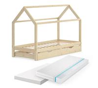 VitaliSpa Lit cabane Wiki, Naturel Bois, 90x200 cm avec lit d'appoint et 2 Matelas, en Bois Massif avec barrière de sécurité et sommier à Lattes