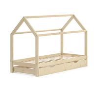 VitaliSpa Lit de Maison Wiki, Naturel Bois, 90x200 cm avec lit d'appoint, en Bois Massif avec barrière de sécurité et sommier à Lattes