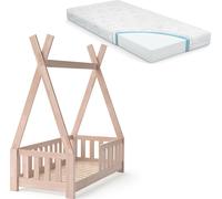 Vitalispa Lit Enfant Tipi, Naturel Bois, 70x140 Cm Avec Clôture Et Matelas Multicolore