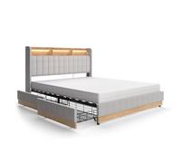 Vitalispa Lit rembourré Nura, 160x200 cm avec matelas, Gris/Chêne